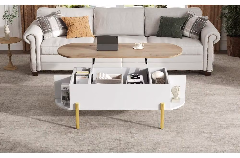 Tavolino con piano sollevabile - Tavolino multifunzionale per il soggiorno - 120 x 50 x 43 cm - Spazio contenitivo nascosto - 7 scomparti portaoggetti - Struttura in bambù - Aspetto legno bianco