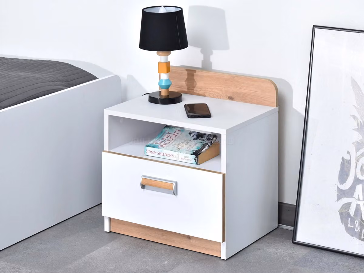 Comodino JOHELY - bianco / rovere