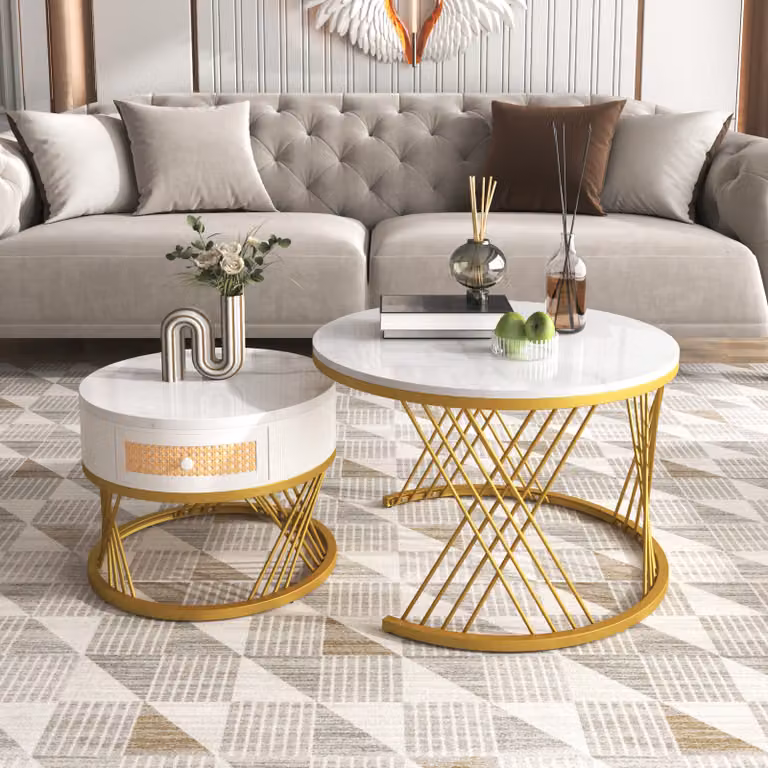 Fortuna-Lai set di 2 tavolini tavolino in look marmo con ripiano rotondo Ø70 x 45 cm e Ø50 x 38 cm tavolino da salotto tavolino da divano motivo marmo struttura del tavolo in legno e cassetti in plastica rattan， in metallo oro