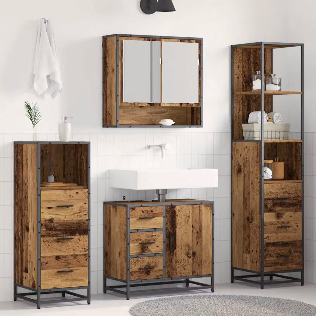 Set di mobili per il bagno vidaXL 4 pezzi in legno e metallo marrone con armadietto specchio, mobile lavabo, mobile laterale e colonna alta, L/P/H: 65 x 33 x 166 cm – 1