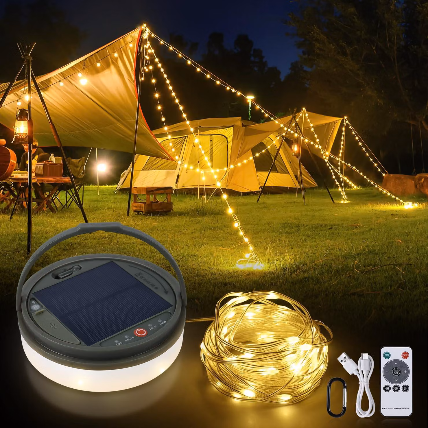 Catena luminosa solare, 13 metri, 160 LED, arrotolabile, con telecomando