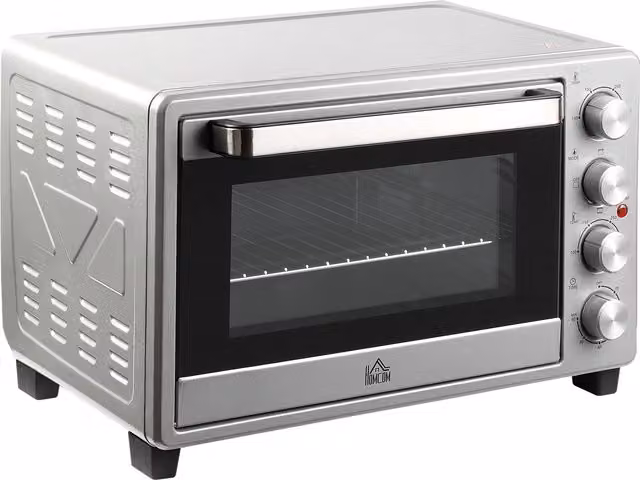 Miniforno HOMCOM da 32L con piastre elettriche, grill e timer, colore argento, L: 52,2 cm, P: 38,1 cm, H: 33,5 cm