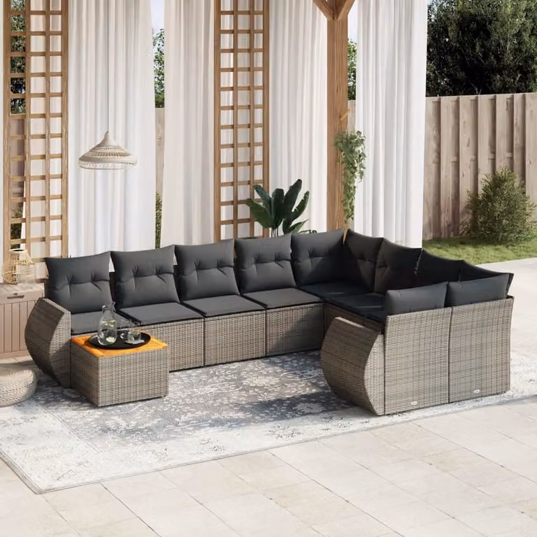 Set Divano da Giardino vidaXL 10 pz a Forma a L in Polyrattan Grigio con Cuscini e Tavolino