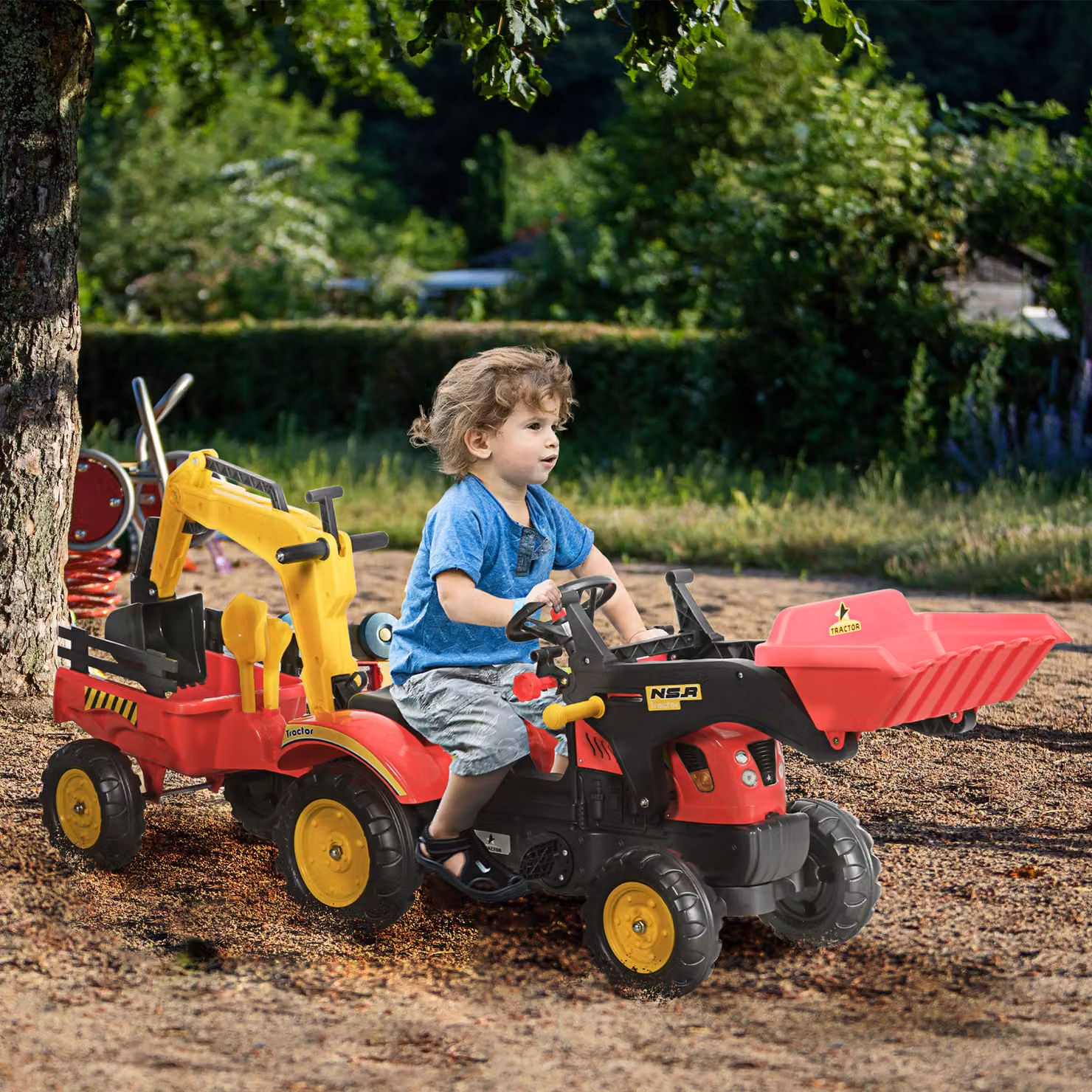 Escavatore Giocattolo Cavalcabile a Pedali HOMCOM per Bambini con Pale e Volante, Multicolore, L: 179 cm, P: 42 cm, H: 59 cm – 2