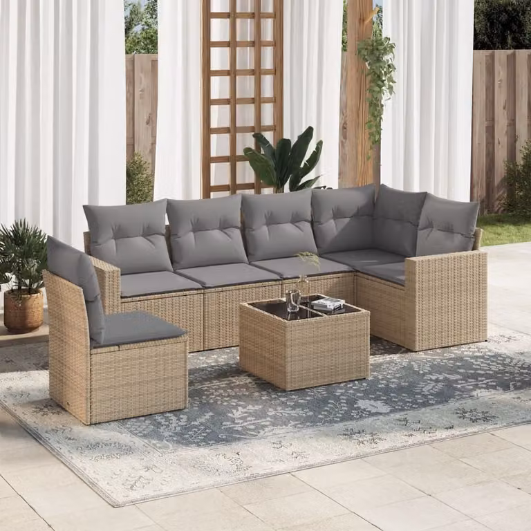 vidaXL Set Divani da Giardino 7 pz in Polyrattan con Cuscini Beige e Tavolino da Esterno