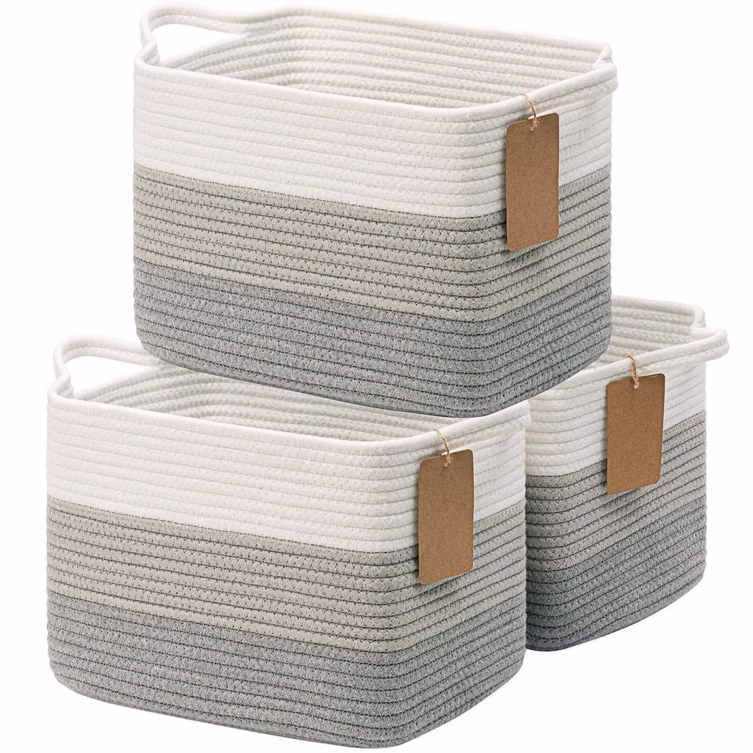 Set di 3 cesti intrecciati, grigi, con maniglie, dimensioni 33x25x23 cm