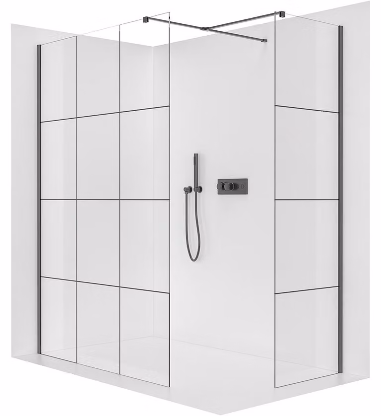 Pannello doccia walk-in Onyx T, destro/sinistro - 8 mm - profilo squadrato - nero opaco, vetro industriale - 150x140x200 cm