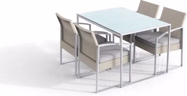 Set tavolo da pranzo tavolo con 4 sedie, polirattan bianco lavato, cuscini grigio Fredi Baboi