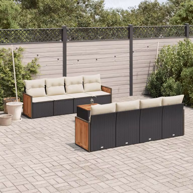 vidaXL Set Divani da Giardino 9 pz in Polyrattan Nero con Cuscini e Tavolino da Esterno