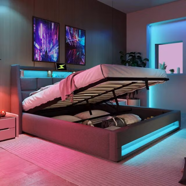 Letto imbottito 140x200 cm con contenitore; LED; USB e materasso; grigio