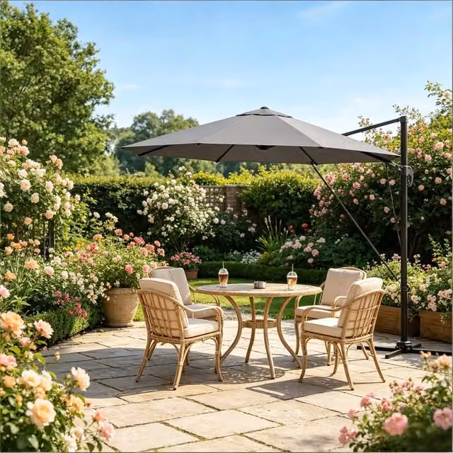 Ombrellone da esterno rotondo per balcone e giardino, con base in acciaio a croce (solo ombrellone)