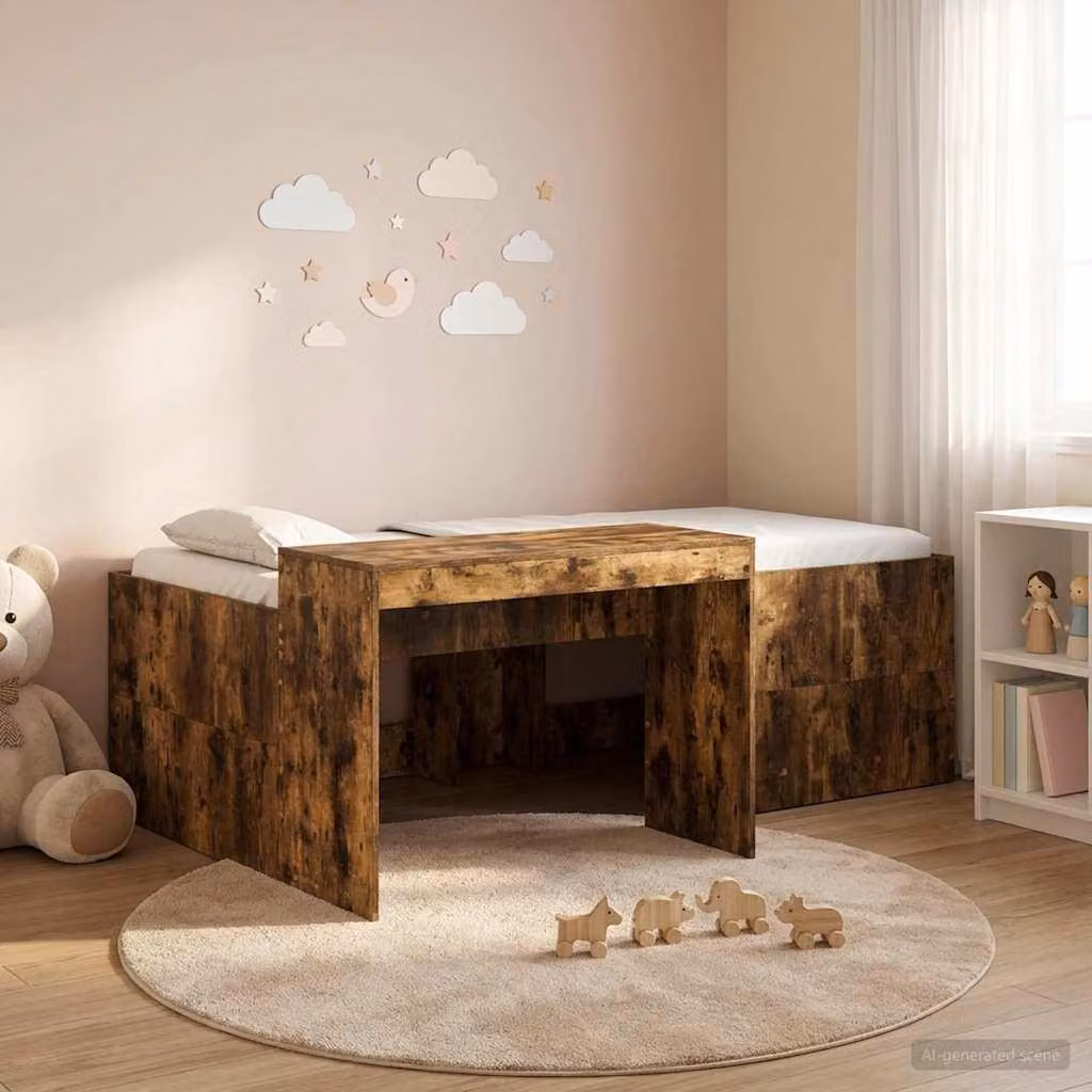 Letto a soppalco esclusivo con scrivania per bambini, in legno di quercia affumicata, dimensioni 98,5 x 203 cm