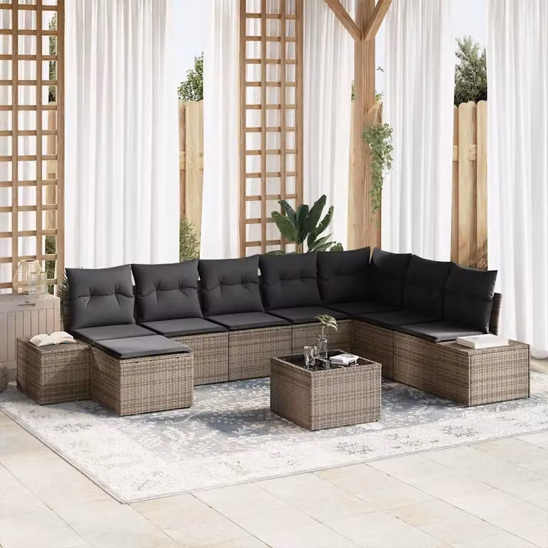 Set Divano da Giardino vidaXL 8 Pezzi in Polyrattan Grigio con Cuscini e Tavolino