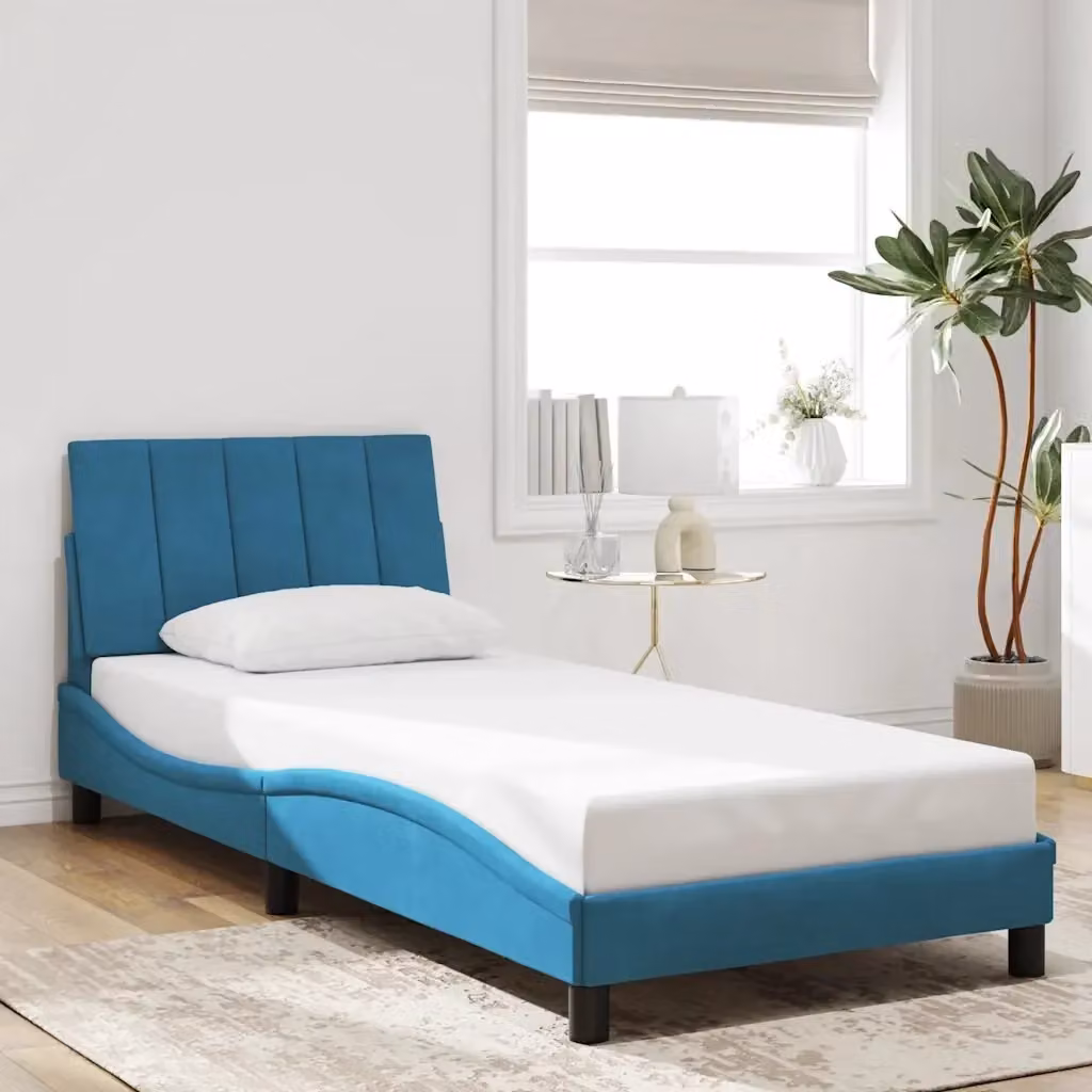 Letto singolo Hanko in velluto blu con struttura in legno e doghe in legno L: 80 cm, P: 200 cm – 2