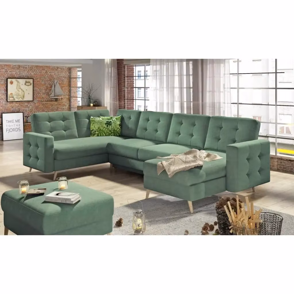 Divano ad angolo panoramico trasformabile HASGARD MEUBLORAMA verde con contenitore e funzione letto, L: 326 cm – 2