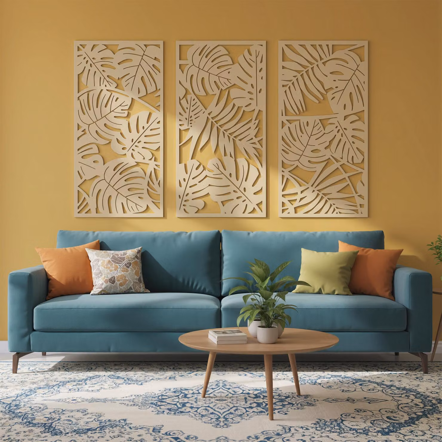 Set di 3 decorazioni murali 3D HOMCOM con foglie tropicali in legno, colore marrone e beige, L: 80 cm, H: 40 cm – 2