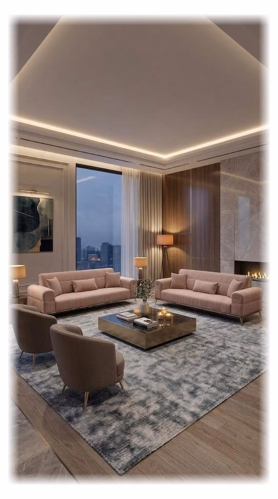 Divano componibile: 2 divani a 3 posti, 2 poltrone. Design moderno, colore rosa, elegante rivestimento. Set di mobili imbottiti