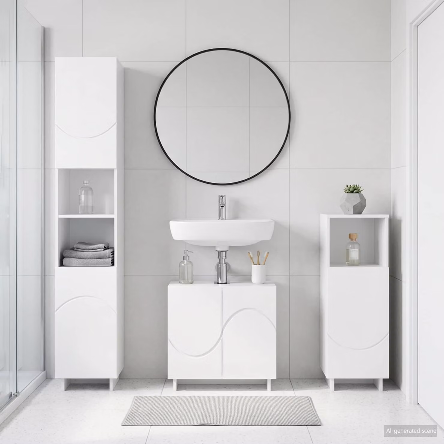 Set di mobili da bagno moderno vidaXL in 2 pezzi bianco lucido in MDF con colonna alta e mobile sottolavabo L/P/H: 180 x 42,1 x 36,5 cm e 80 x 42,1 x 38 cm