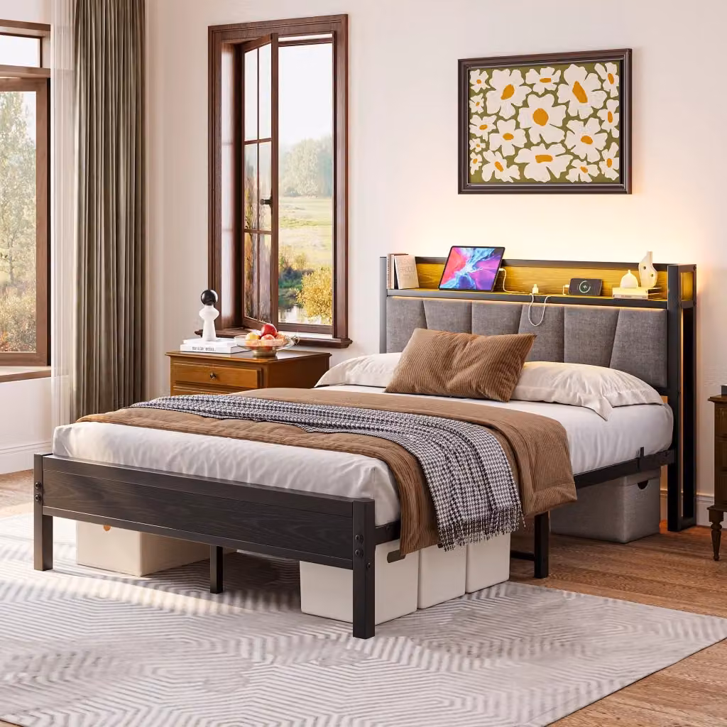 Letto moderno KOMHTOM in tessuto e materiali misti con porta USB, ripiani laterali e illuminazione sottostante, grigio e nero, L/P: 140 x 190 cm – 2