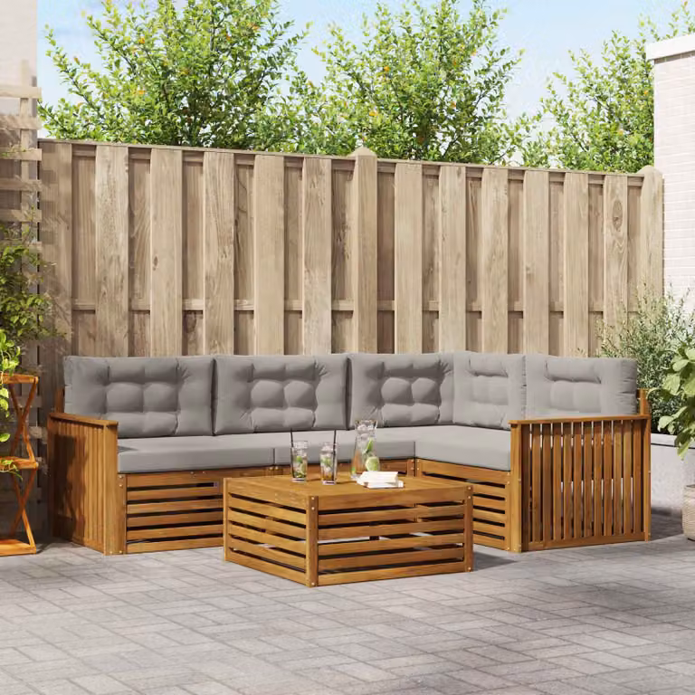 Set di divani da esterno vidaXL a forma di L in legno di acacia con tavolo da caffè e cuscini, Grigio e Marrone
