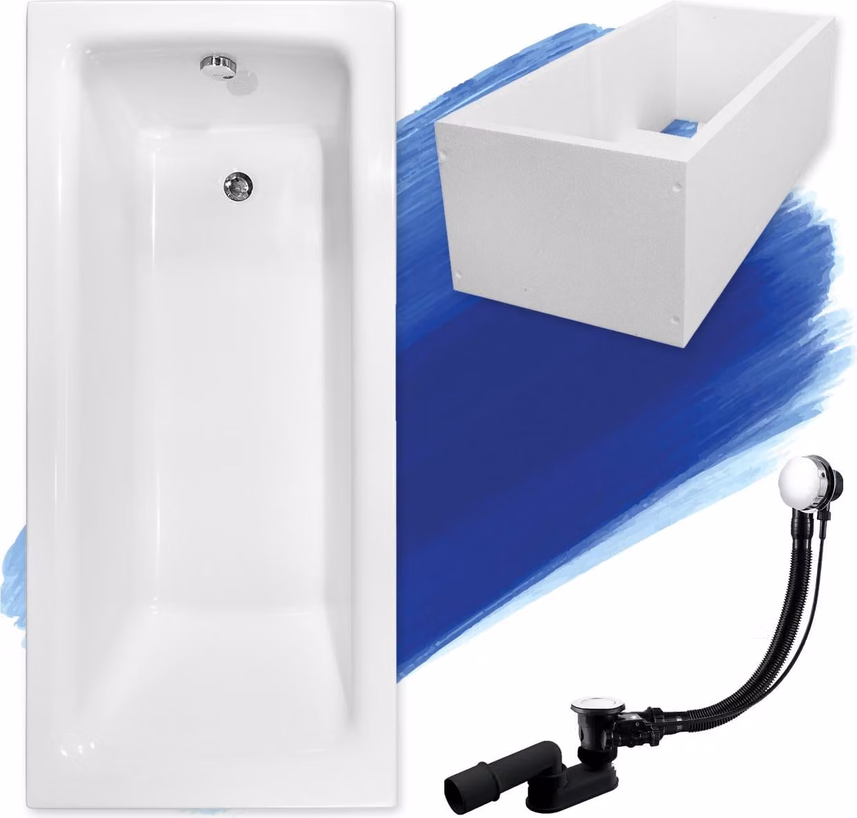 Vasca da bagno rettangolo 160x75 + supporto vasca + poggiatesta, scarico & piedi GRATIS | set completo 5in1 originale acrilico vasca da bagno sifone | BADLAND TALIA
