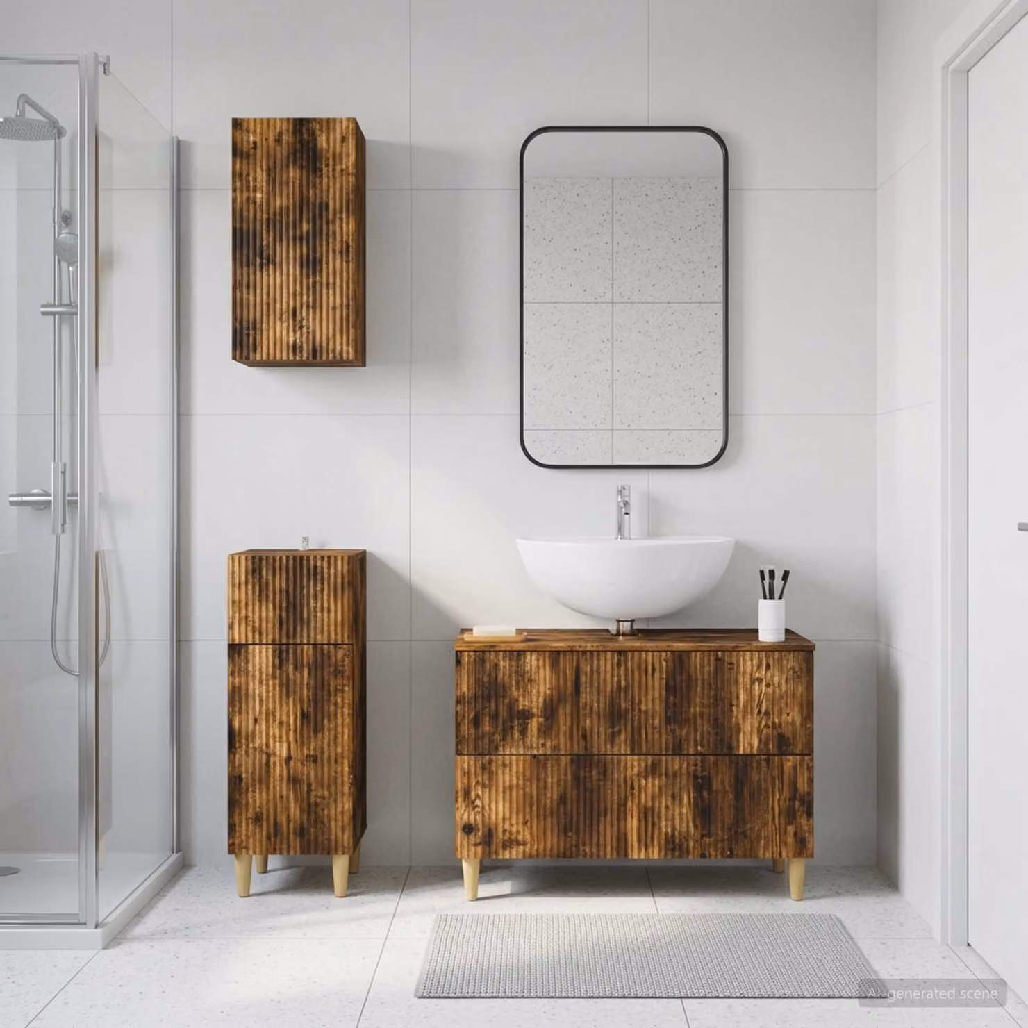 Set di armadietti da bagno 3 pezzi vidaXL ARNHEM in legno Rovere Fumo marrone con mobile sottolavabo e pensili a parete