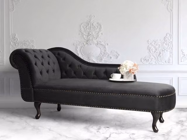 Chaise Longue BELIANI in Velluto Nero Stile Chesterfield con Bottoni Versione Sinistra L/P/H: 169 x 65 x 79 cm – 1