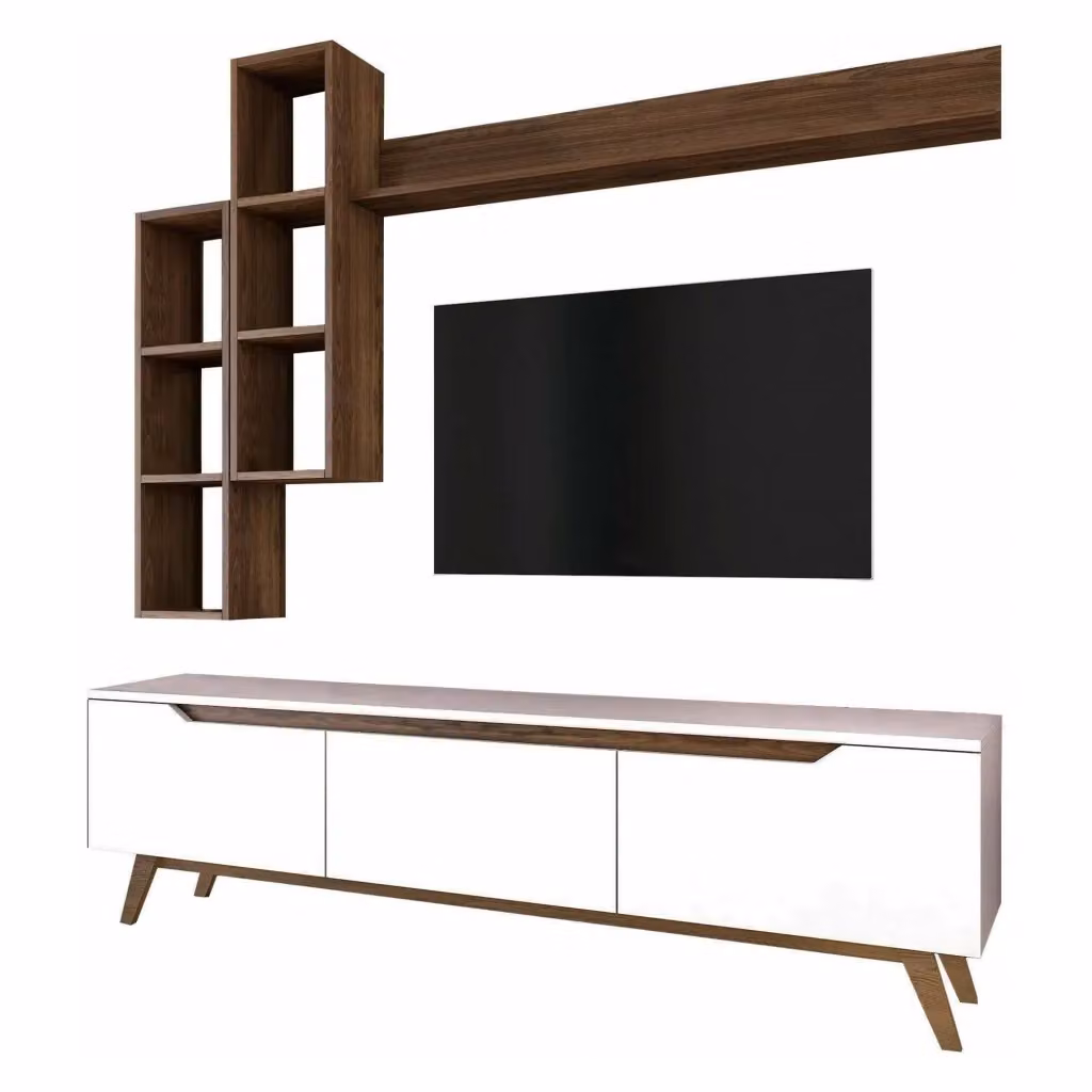 Parete attrezzata Atax DMORA per soggiorno, mobile salotto multiuso con armadio porta TV, Bianco e Noce, L: 180 cm, P: 35 cm, H: 49 cm – 2