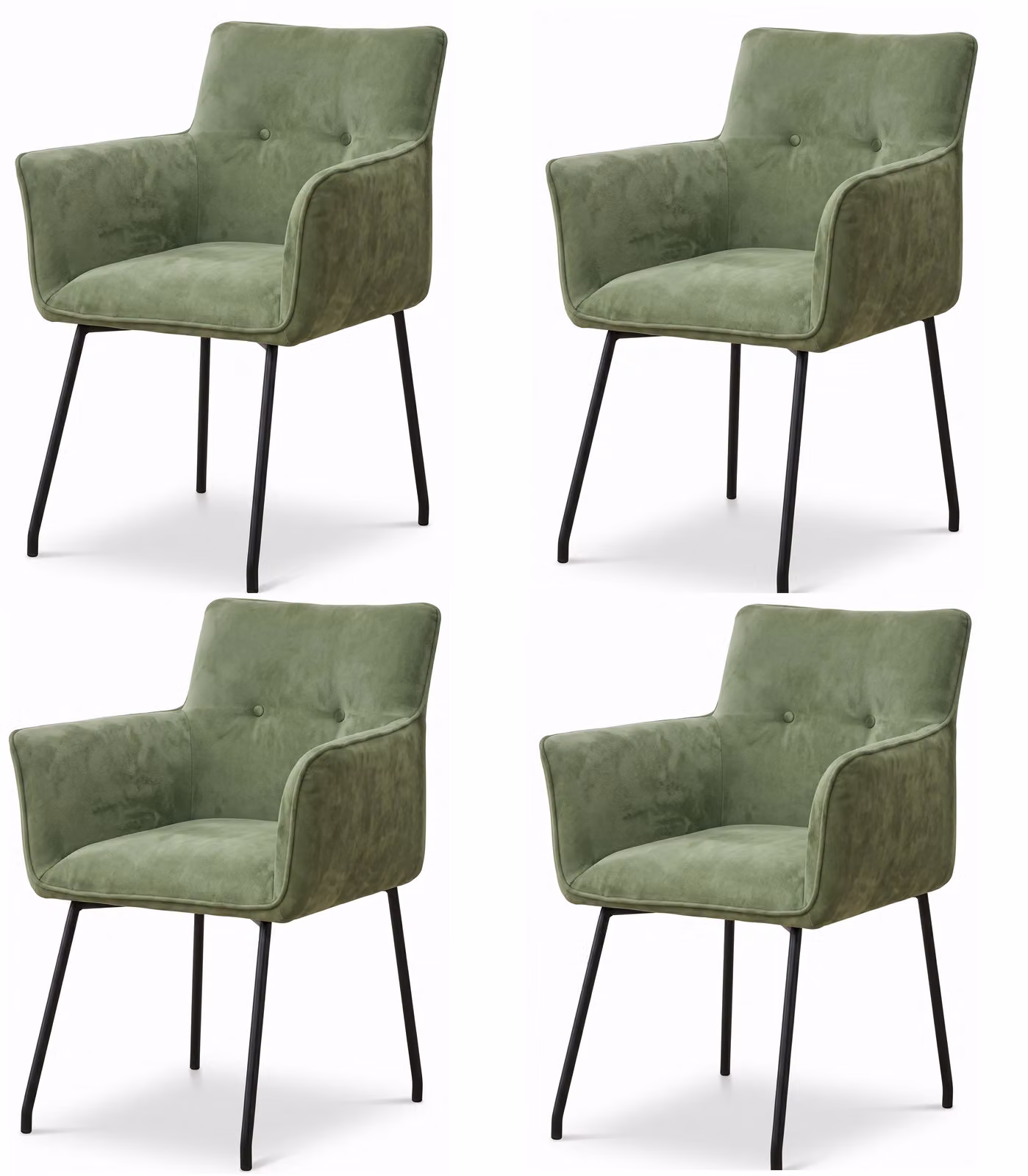 Set di 4 eleganti poltrone imbottite con braccioli, rivestite in tessuto verde con decorazioni a bottoni