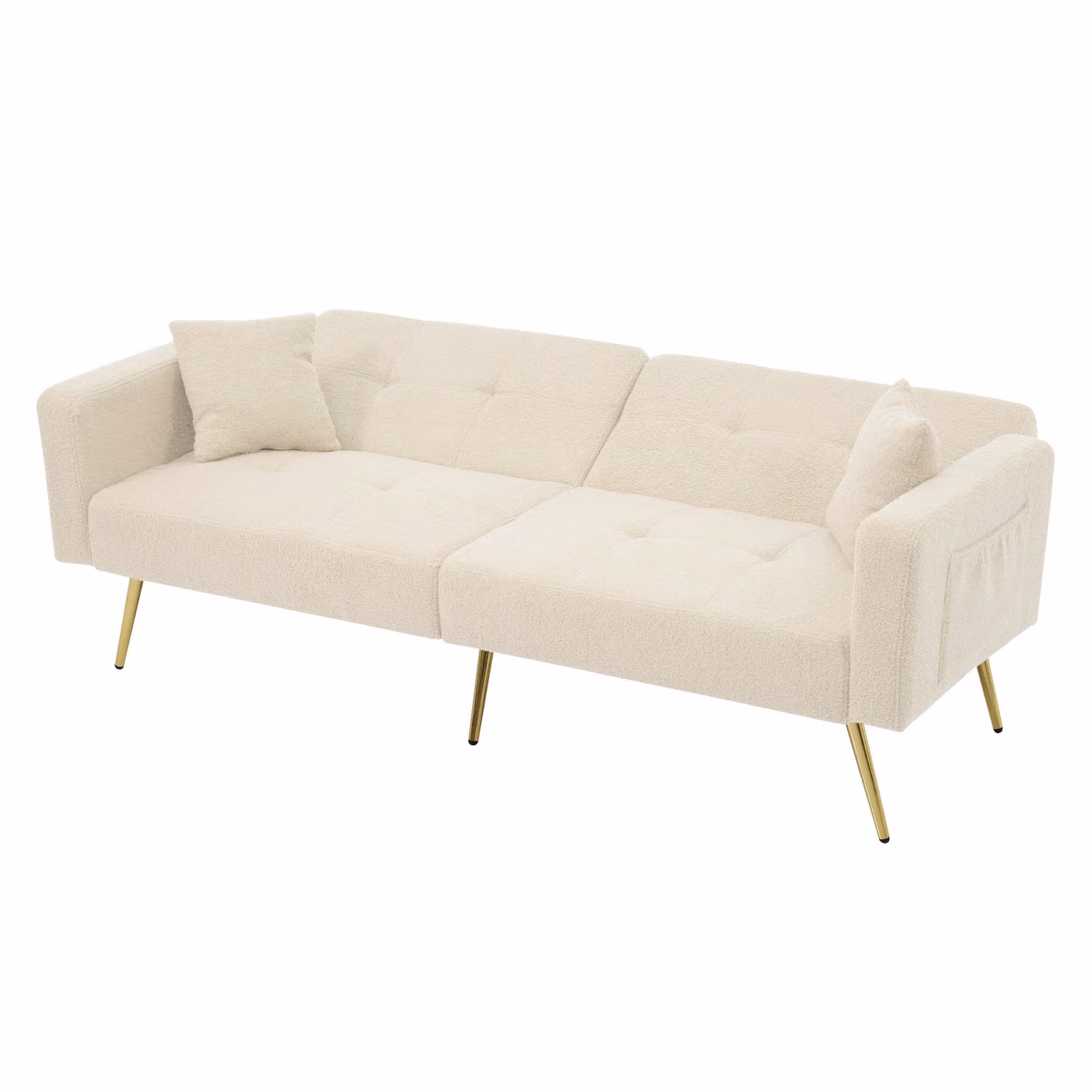STILVORA Divano letto angolare con funzione letto e chaise longue regolabile, cuscini e tasche portaoggetti laterali, gambe dorate, beige