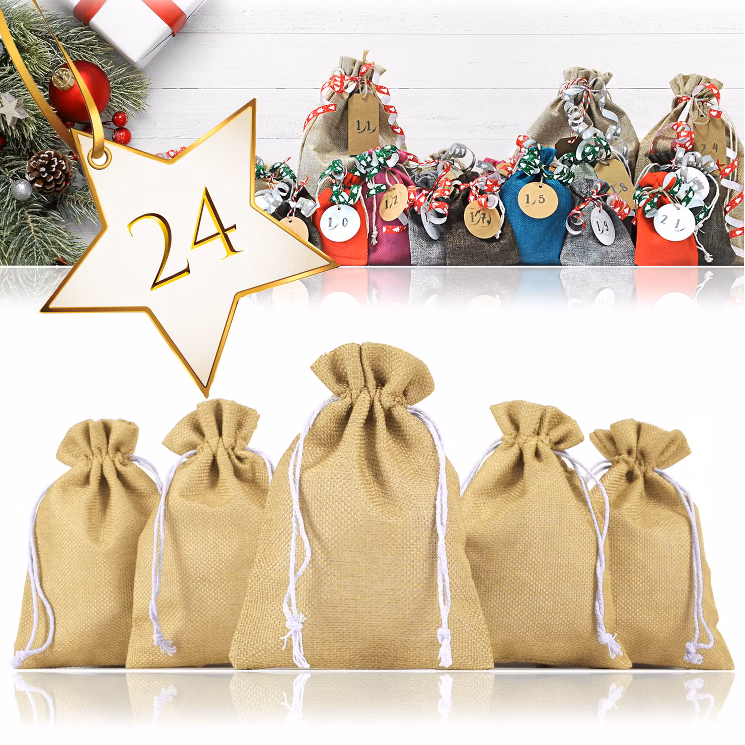 Set da 24 sacchetti di juta per calendari dell'Avvento da riempire autonomamente, 17,5 cm x 12,5 cm, sacchetti di juta, sacchetti in tessuto, sacchetti naturali, sacchetti regalo, sacchetti – (marrone chiaro)