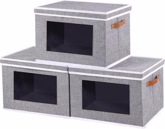 Ibenzoa® Set di 3 scatole pieghevoli per l'organizzazione – Nero, coperchio regolabile e finestre trasparenti, portatili, robuste e ideali per abbigliamento e accessori