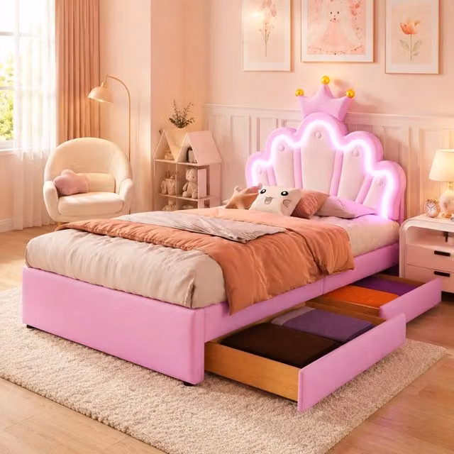 Letto per bambini imbottito con LED multicolore; 90 x 200 cm; 2 cassetti; testiera regolabile; PU; rosa