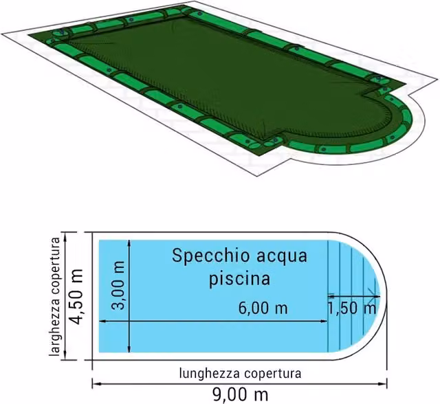 Copertura 15,50 X 7,50 M Invernale Standard 240 Gr/m² Con Bretelle E Salamotti Per Piscine Rettangolari Con Scala Romana 14,00 X 6,00 M Dimensione piscina: 7.50 X 3.00 m