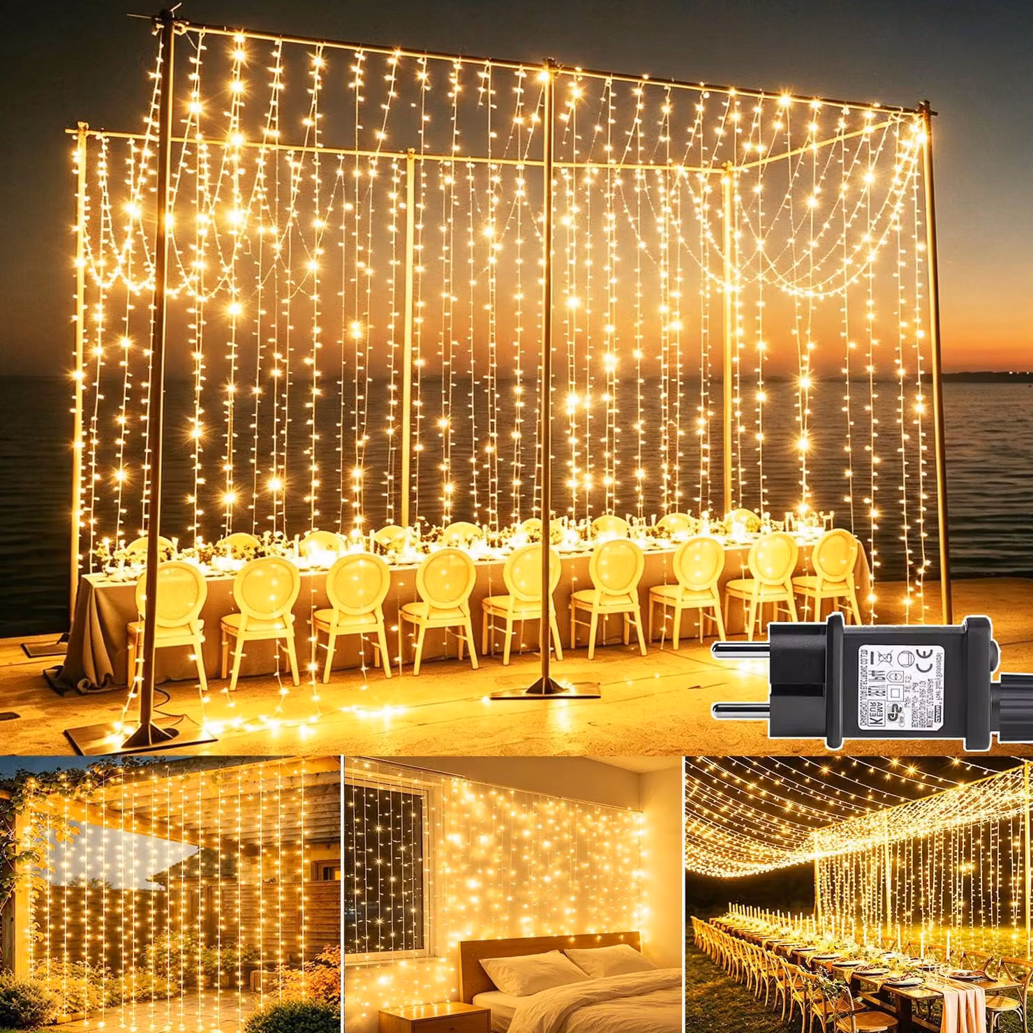 Tenda luminosa a LED, 3x3 metri, 300 LED bianco caldo, grado di protezione IP65, 8 modalità, timer