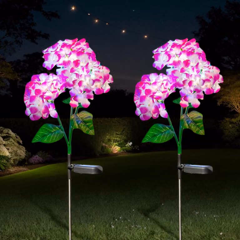 Set di 2 lampade solari a forma di ortensia, grado di protezione IP65, con LED, per decorazione del giardino