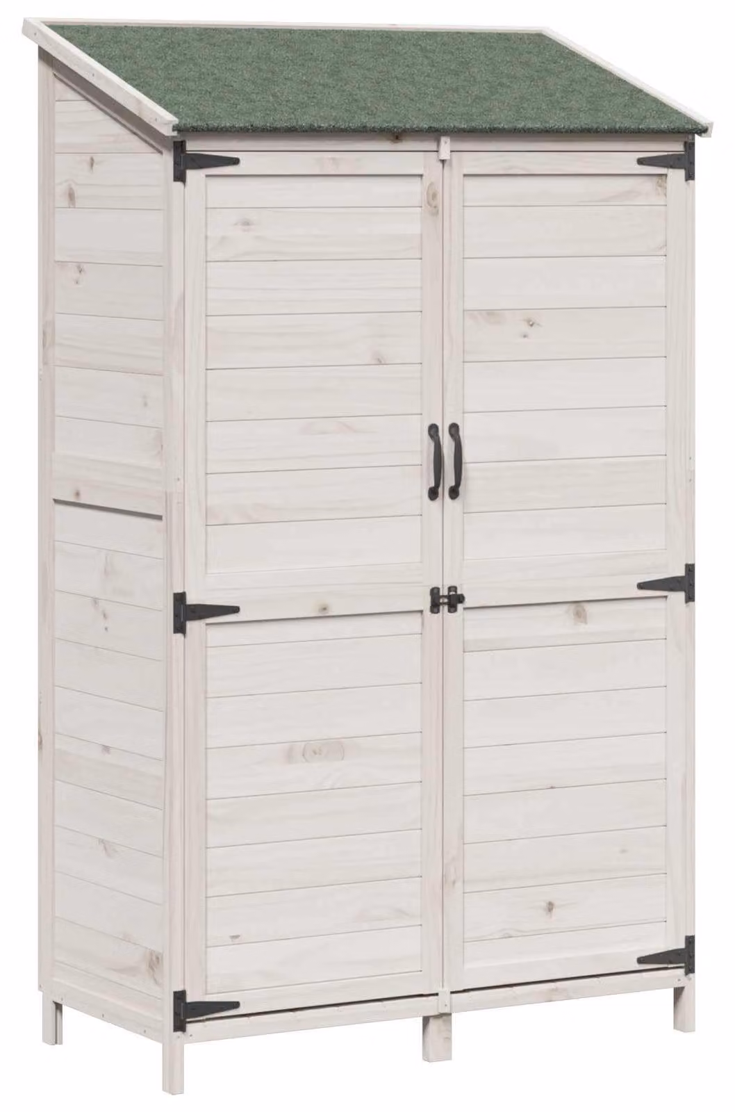 Casetta da giardino in legno, bianca, dimensioni 106,5 x 56 x 176 cm, realizzata in legno di pino massello, con tetto impermeabile in asfalto