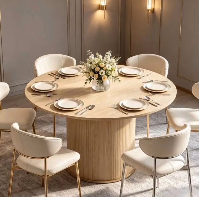 Tavolo da pranzo rotondo in effetto legno naturale Ø 120 cm con base cilindrica scanalata