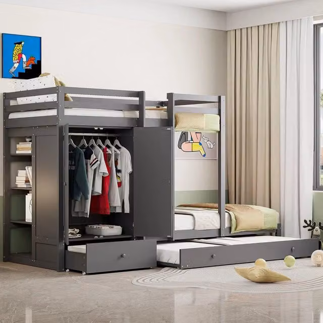 Letto a castello con letto estraibile ¨C Minimal ¨C 90x200 cm, legno massello di pino, grigio, con armadio e cassetti