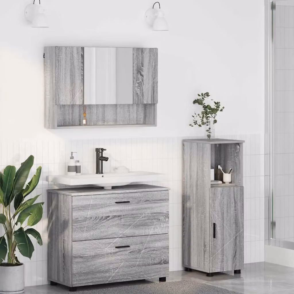Set di mobili per il bagno moderno vidaXL in 3 pezzi Grigio e Nero con mobile lavabo, armadietto con specchio e colonna alta, L/P/H: 80.0 x 50.81 x 95.0 cm