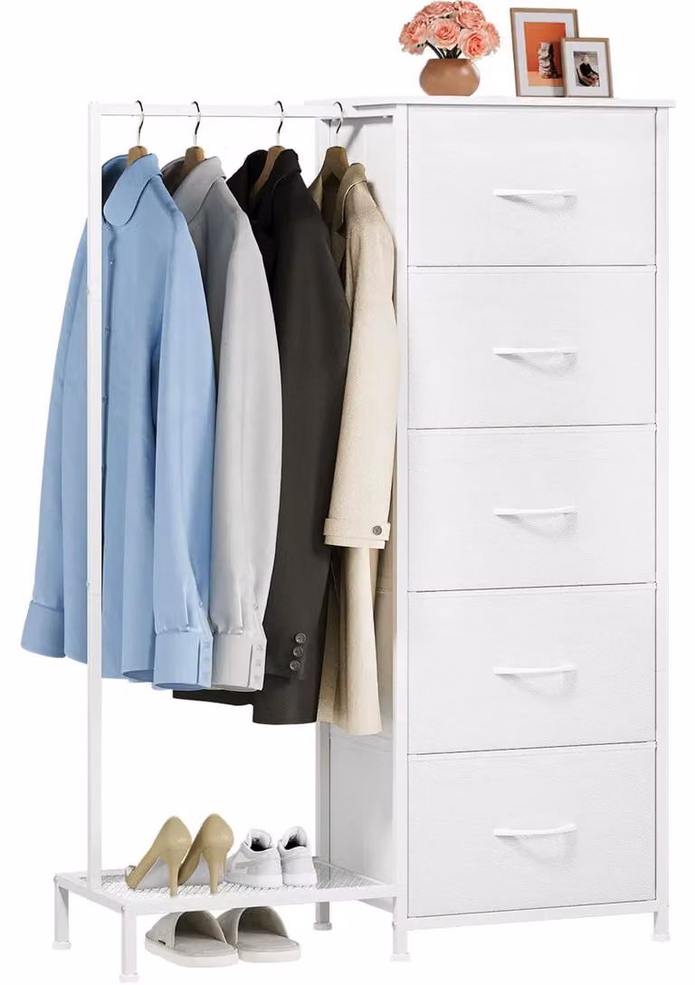 Cassettiera con appendiabiti - Comò con 5 cassetti - Bianco - 30 x 79 x 114,5 cm - Mobile con scarpiera