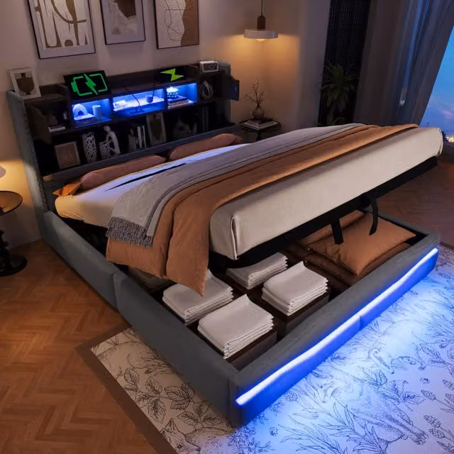 Letto imbottito 160x200 cm con contenitore idraulico; LED e stazione di ricarica; lino grigio