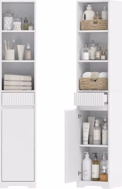 Mobile bagno alto XYLO bianco lucido con anta, cassetto e ripiani regolabili H: 172 cm, L: 30 cm, P: 30 cm – 1
