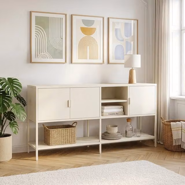 Credenza Bassa Kliri Madia con Ripiano e 6 Scomparti 160 x 40 x 80 cm - Bianco Crema [en.casa]