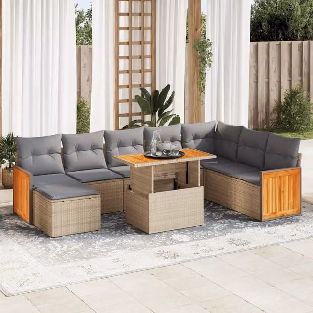 Set Divano da Giardino 9 pz con Cuscini Beige Polyrattan Acacia 3327748