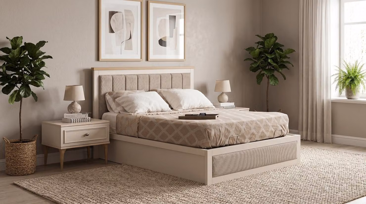 Letto contenitore elegante, comodini (2), tavolino da trucco classico color crema