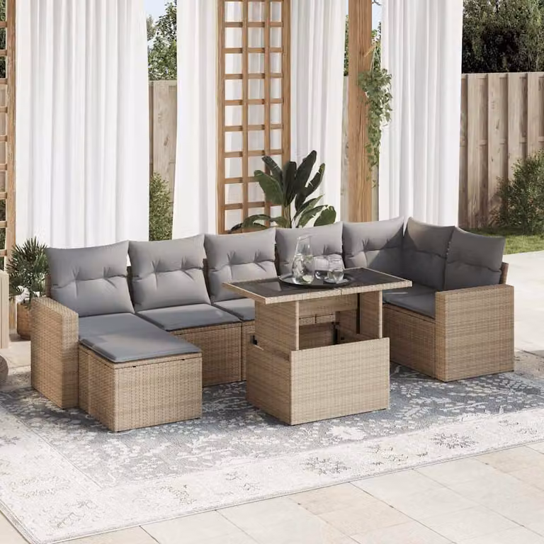 Set Divano da Giardino a L vidaXL 8 pz con Cuscini Beige e Tavolino in Polyrattan e Metallo