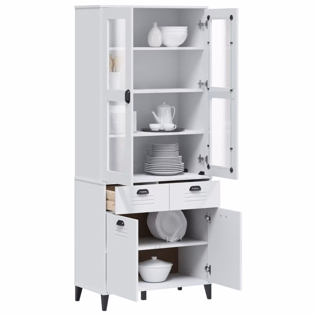 Credenza vidaXL VIKEN in legno massello di pino bianca con ante in vetro e cassetti, L/P/H: 80 x 40 x 190 cm