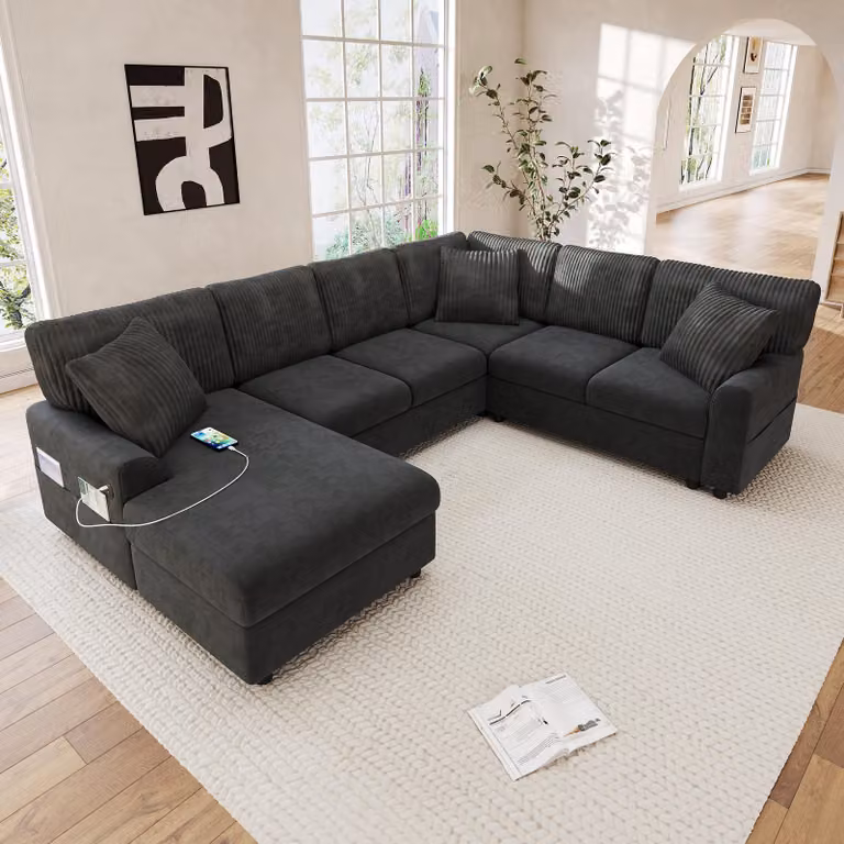 Divano a forma di U con tasche portaoggetti, divano ad angolo con porta USB e Type-C, divano da soggiorno con 3 cuscini e chaise longue, colore grigio