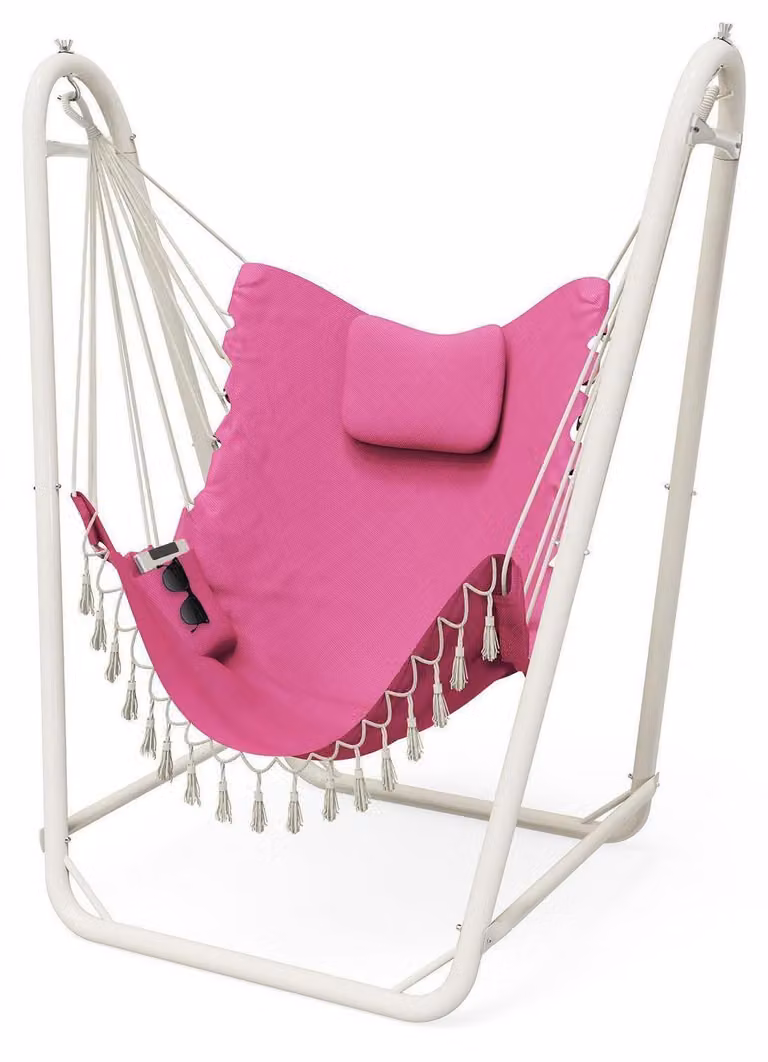 Sedia a dondolo sospesa con supporto, robusta, adatta sia per interni che per esterni, portata massima di 159 kg, color rosa pallido